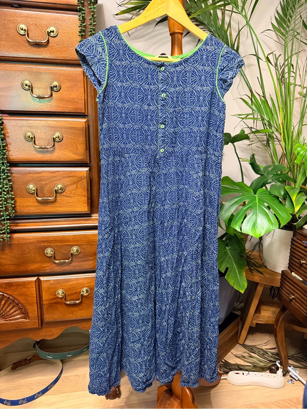 Siyahi Indigo Blue Button-Front midi Dress with Lime Trim/ S
